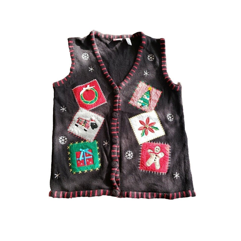Holiday Editions Christmas Sweater Vest Womens SIze Small Black Red Patches